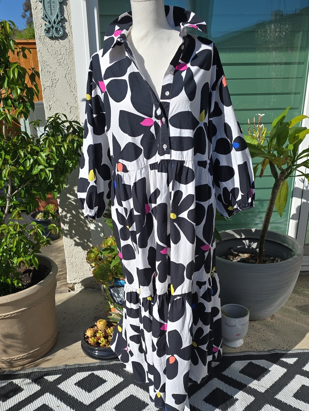 Black & White Floral Tiered Shirt Dress with Color Pop